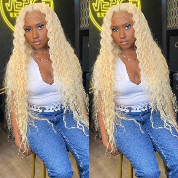 Deep Curly 613 Blonde Wig HD Transparent Glueless Pre Plucked Human Hair Lace Front Wig