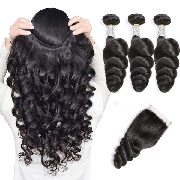 Malaysian Loose Wave 3 Bundles with 4*4 Lace Closure