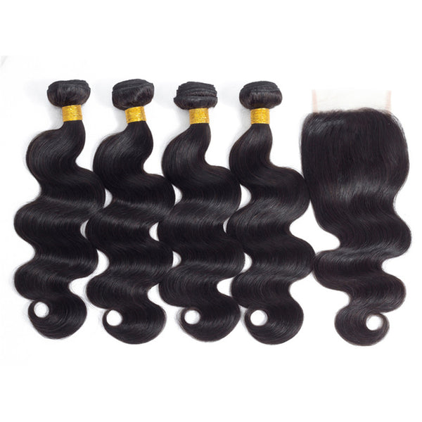 Indian Body Wave Hair 4 Bundles with 4*4 Lace Closure 