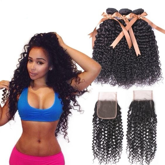 Curly Wave Peruvian Hair Weave 3 Bundles With Lace Closure 