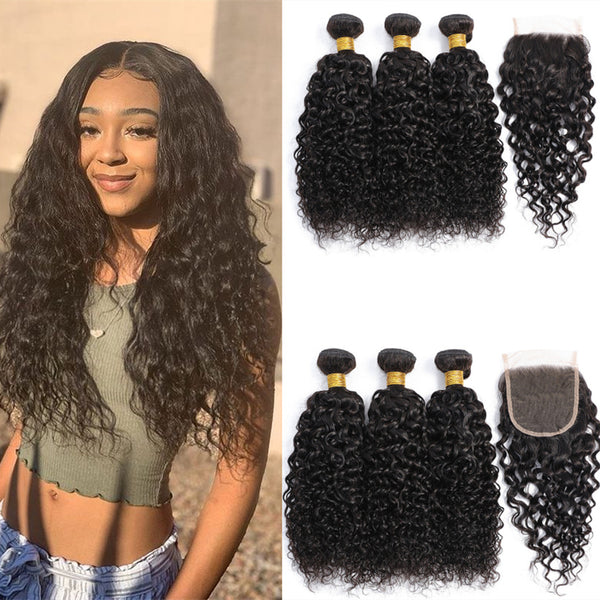 Curly Wave Peruvian Human Hair 3 Bundles With Lace Closure