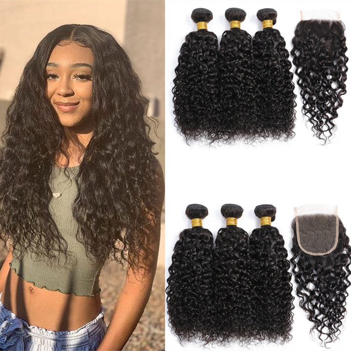 Curly Wave Peruvian Human Hair 3 Bundles With Lace Closure