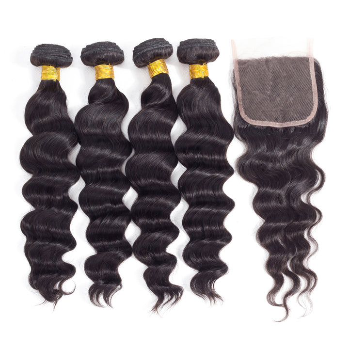  Brazilian Loose Deep Wave 4 Bundles with 4*4 Lace Closure 