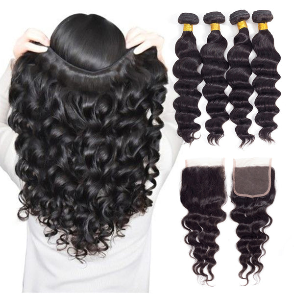  Brazilian Loose Deep Wave 4 Bundles with 4*4 Lace Closure 