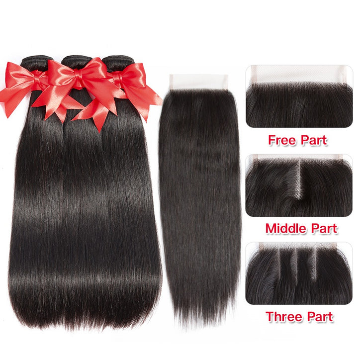  Malaysian Straight Virgin Hair 3Bundles with 4x4 Lace Closure