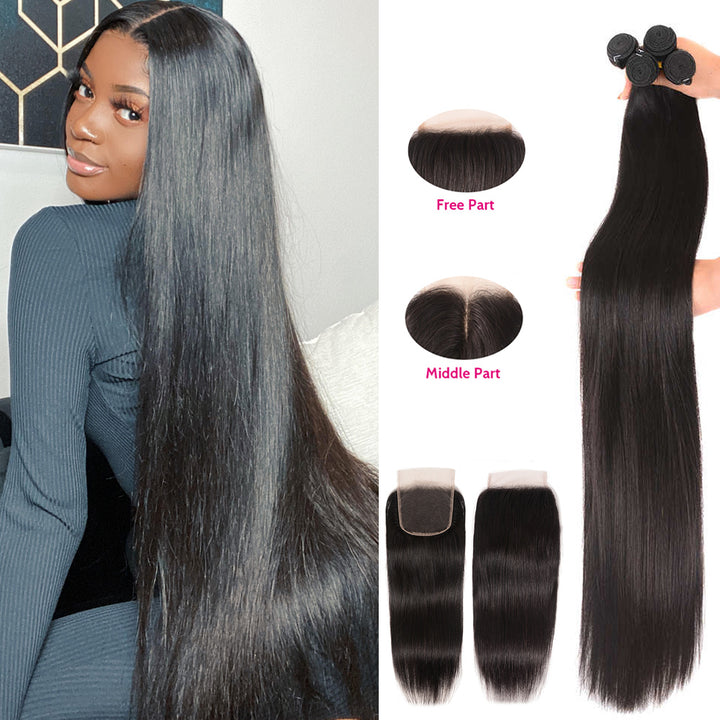  Straight 3 Bundles with 4*4 Lace Closure 