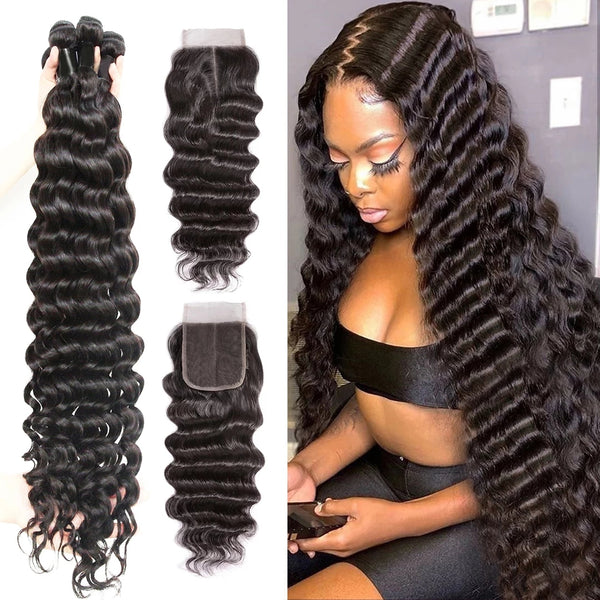 Brazilian Hair Loose Deep Wave 4 Bundles With Lace Closure  