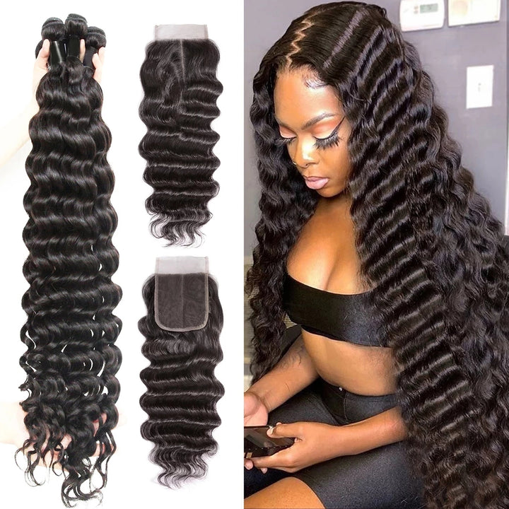 Brazilian Hair Loose Deep Wave 4 Bundles With Lace Closure  