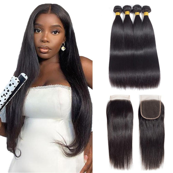 Peruvian Straight Hair 4 Bundles with Lace Closure